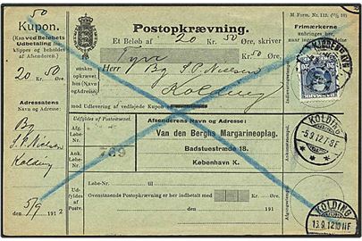 20 øre blå Fr. VIII singelfrankatur på postopkrævning fra København d. 4.9.1912 til Kolding.
