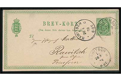 10 øre helsagsbrevkort annulleret med lapidar Kjøbenhavn d. 24.8.1878 til Rawitsch, Posen, Preussen.