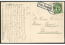 5 öre Gustaf på brevkort (Kullen, Sverige) annulleret med dansk stempel Kjøbenhavn B. d. x.6.1914 og sidestemplet Fra Sverige til Sakskøbing, Danmark.