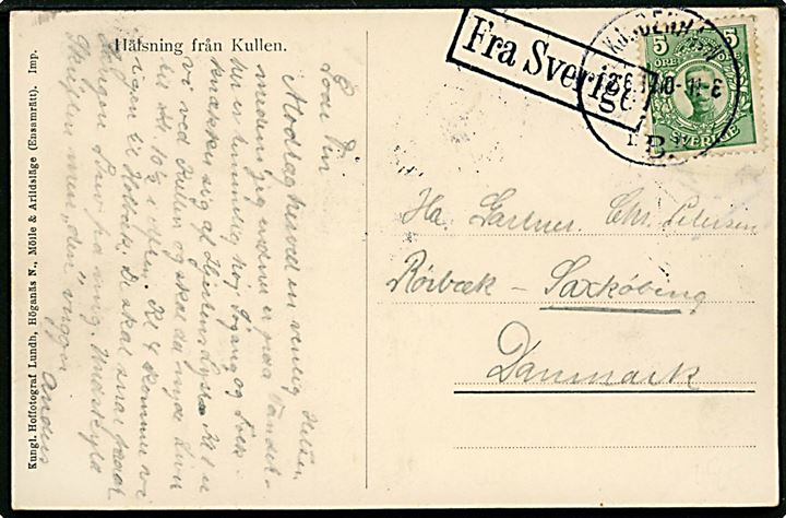 5 öre Gustaf på brevkort (Kullen, Sverige) annulleret med dansk stempel Kjøbenhavn B. d. x.6.1914 og sidestemplet Fra Sverige til Sakskøbing, Danmark.