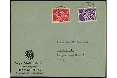 10 öre og 15 öre Gustaf II Adolf på tysk kuvert fra Hamburg annulleret med bureaustempel PKP 61 (= Göteborg-Ängelholm-Malmö) d. 20.1.1933 til Prag, Tjekkoslovakiet.