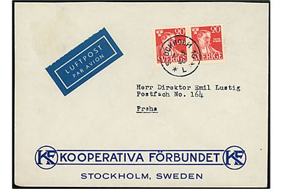 20 öre Rydberg i parstykke på luftpostbrev fra Stockholm d. 4.5.1946 til Prag, Tjekkoslovakiet. Skåret i toppen.