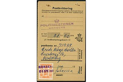 10 øre Gebyrmærke annulleret Horsens d. 26.4.1961 på genpart af kvittering for giroindbetaling.