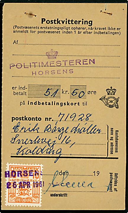 10 øre Gebyrmærke annulleret Horsens d. 26.4.1961 på genpart af kvittering for giroindbetaling.