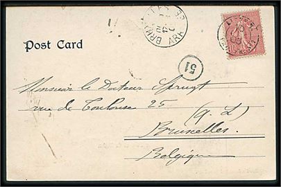 Fransk 10 c. på brevkort fra Suez annulleret med skibsstempel Ligne N. PAQ. FR. No. 7 (Marseille - Yokohama) d. 10.10.1905 til Bruxelles, Belgien.