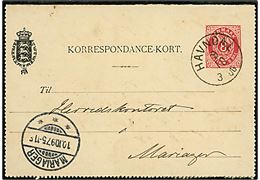 8 øre helsags korrespondancekort annulleret med lapidar Havndal d. 9.10.1897 til Mariager.