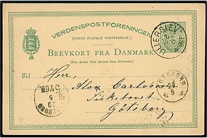 5 øre Våben helsagsbrevkort annulleret med lapidar Ullerslev d. 28.5.1888 til Göteborg, Sverige.