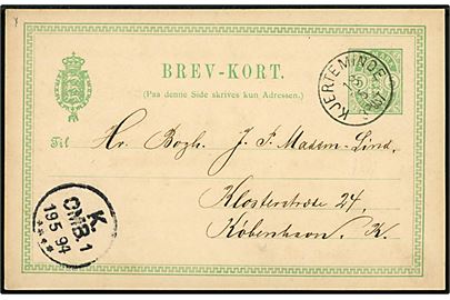 5 øre Våben helsagsbrevkort annulleret lapidar Kjerteminde d. 18.5.1894 til København.