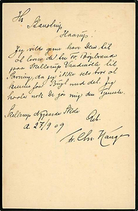3 øre helsagsbrevkort annulleret med blækkryds og anvendt lokalt fra Skellerup Nygaarde skole d. 27.9.1909 til Haarup pr. Resenbro. 