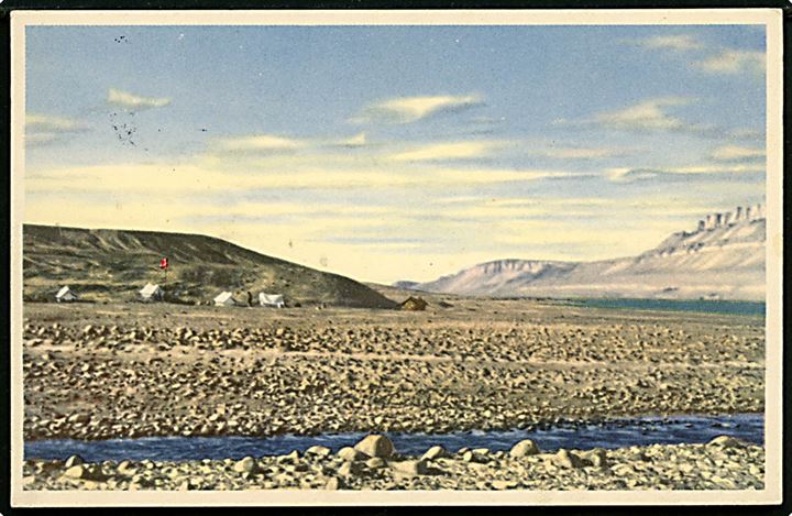 15Chr. X på brevkort (Lejren i Jörgen Brönlunds Fjord) annulleret med ekspeditionsstempel Pearyland Nordgrønland d. 1.8.1948 til Hellerup.