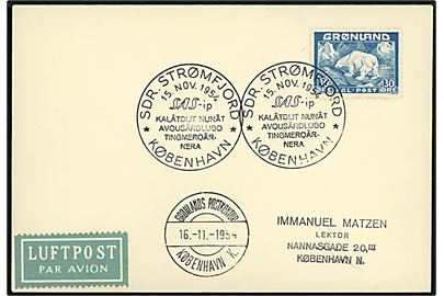30 øre Isbjørn på SAS-førsteflyvningskuvert stemplet Sdr. Strømfjord d. 15.11.1954 via Grønlands Postkontor i København d. 16.11.1954 til København.