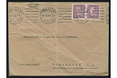 15 öre Gustaf i parstykke med perfin WS & Co. (AB Wilh. Sonesson & Co. på brev fra Malmö d. 28.4.1924 til Bernsdorf, Tyskland. Bagklap mgl.