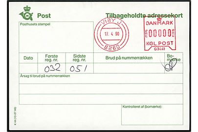 Formular Tilbageholdte adressekort - K44 (10-87 A6) med posthusfranko stempel uden valør fra Viby J. d. 17.4.1990.