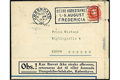15 øre Chr. X 60 år på DFDS Radiobrev formular - K.3764.11.30.100Bl. stemplet København d. 6.6.1931 til Søborg. Meddelelse fra S/S Bornholm modtaget af provinsbåden S/S Kjøbenhavn.