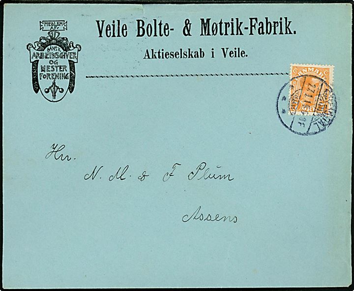 7 øre Chr. X på illustreret firmakuvert fra Veile Bolte- & Møtrik-Fabrik annulleret Greisdal d. 27.1.1919 til Assens.
