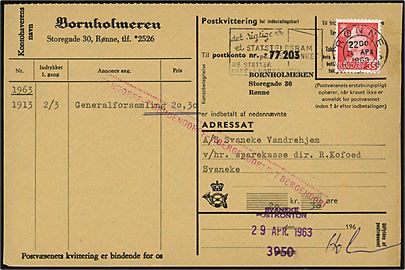 35 øre Fr. IX på indbetalingekort fra Bornholmeren i Rønne d. 24.4.1963 til Svaneke Vandrehjem. Betalt med særligt trodat-stempel med sorteringskode (Forløber for post-nr.): Svaneke Postkontor / 3950 d. 29.4.1963.
