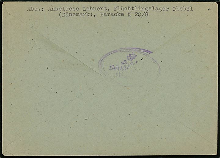 40 øre Chr. X på brev stemplet Oksbøl d. 12.1.1946 til International Røde Kors i Geneve, Schweiz. Sendt fra tysk kvindelig flygtning i Oksbøl med svagt stempel (krone) St.c.L. Lejrchefen i Oxbøl. 