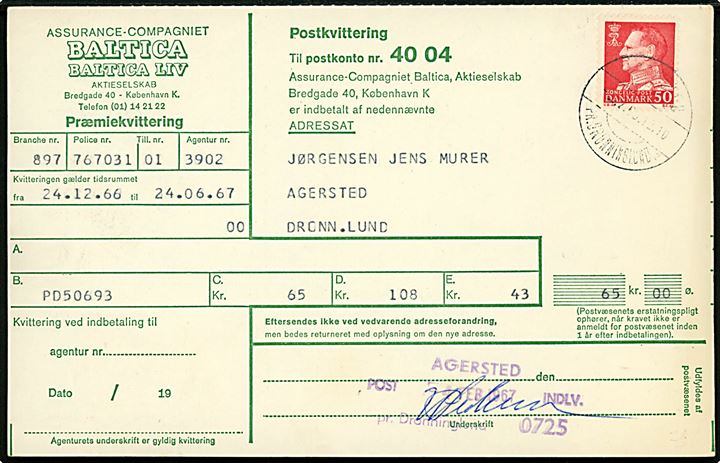 50 øre Fr. IX på postkvittering for indbetalingkort fra Baltica Forsikring i København til Agersted pr. Dronninglund. Annulleret ved ankomst med pr.-stempel Agersted pr. Dronninglund sn2 d. 3.2.1967 og kvitteringsstempel med sorteringskode (postnummer forløber) Agersted Post Indlv. pr. Dronninglund 0725 d. 4.2.1967. Pr.-stempel benyttet ca. 6 mdr. tidligere end registreret af Bendix.