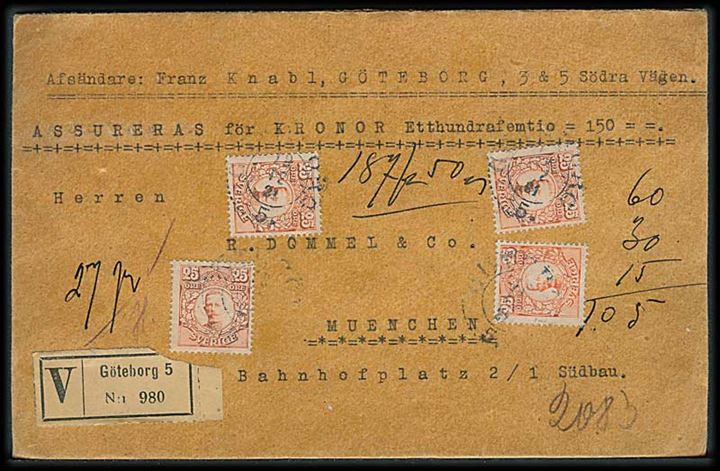 25 öre Gustaf (4) og på bagsiden 5 öre Løve på 105 øre frankeret værdibrev fra Göteborg d. 18.12.1921 til München, Tyskland.