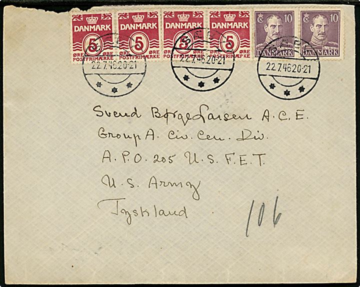 5 øre Bølgelinie (4) og 10 øre Chr. X (2) på brev fra Sæby d. 22.7.1946 til dansk censor ved group A, Civil Censorship Division APO 205 (= Stuttgart, Tyskland), U. S. Army, Tyskland. Urent åbnet.