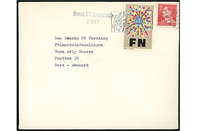 30 øre Fr. IX og FN-mærkat på brev fra Coy III, El Jamus DANOR Bn i Gaza annulleret København d. 11.2.1962 og sidestemplet Dansk FN-Kommando / UNEF til Sorø.