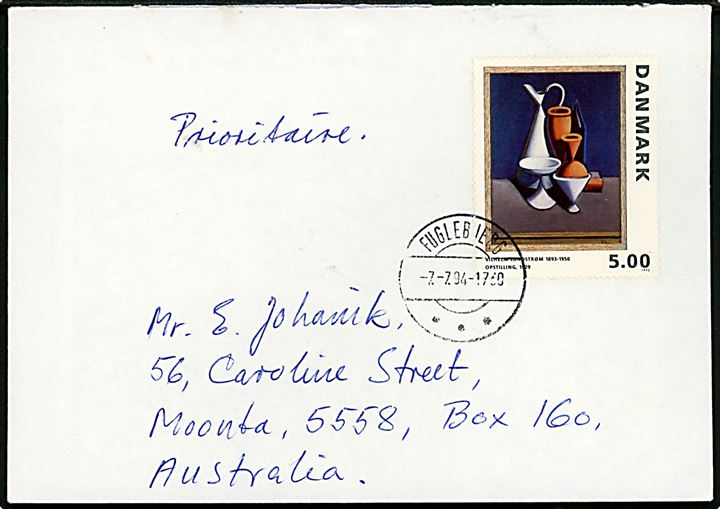 5 kr. Lundstrøm Maleri udg. på brev fra Fuglebjerg d. 7.7.1994 til Moonta, Australien.