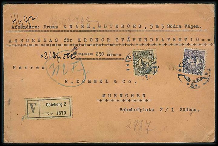 35 öre og 1 kr. Gustaf på værdibrev fra Göteborg d. 27.12.1921 til München, Tyskland.
