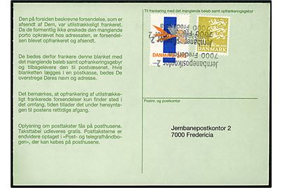 2,80 kr. Lin Utzon og 10 kr. Rigsvåben på portoregning for underfrankeret brev fra Kolding til Tyskland d. 5.5.1987 annulleret med kontorstempel Jernbanepostkontor 2 / 7000 Fredericia. 