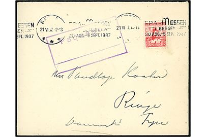 15+5 øre Dybbøl Mølle på brev (Antagelig fra Færøerne) annulleret med norsk stempel i Bergen d. 21.6.1937 og sidestemplet Paquebot til Ringe, Danmark.