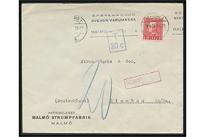 15 öre Gustaf på underfrankeret brev fra Malmö d. 9.5.1928 til Glachau, Tyskland. Svensk portostempel T 20 c. Udtakseret i 20 pfg. tysk porto.