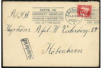 20 aur Gullfoss på brev annulleret Reykjavik d. 4.2.1936 og sidestemplet Skipsbrjef til København, Danmark.