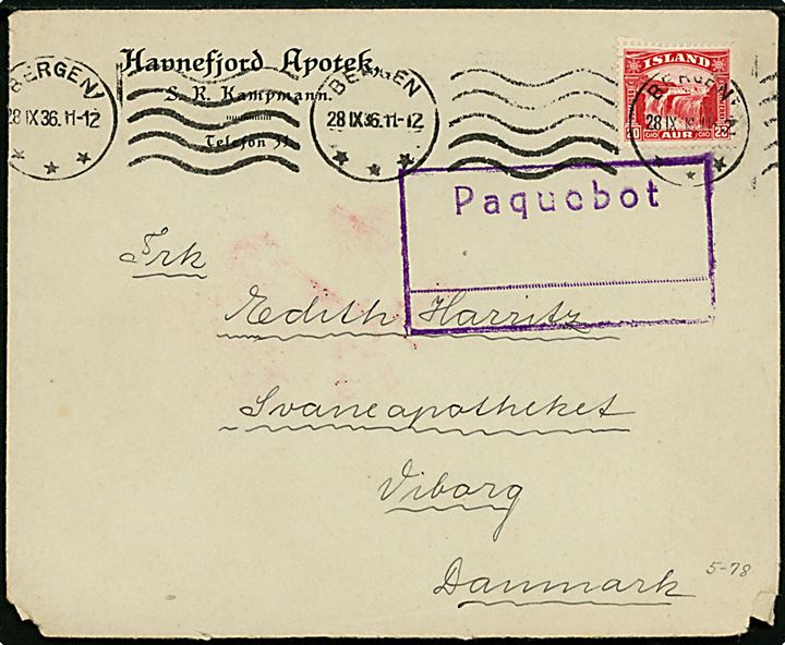 20 aur Gullfoss på brev fra Havnefjord Apotek annulleret med norsk stempel i Bergen d. 28.9.1936 og sidestemplet Paquebot til Viborg, Danmark. Slidt i hjørner. 