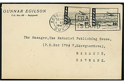 30 aur luftpost udg. i parstykke på brev fra Reykjavik annulleret med dansk skibspost TMS København OMK.1 / Fra Island d. 1.12.1947 til Randers, Danmark.