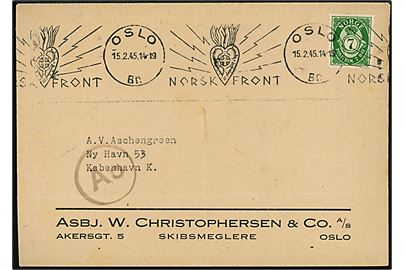 7 øre Posthorn på tryksag annulleret med TMS Norsk Front / Oslo d. 15.2.1945 til København, Danmark. Passér stemplet Ao ved den tyske censur i Oslo. Fold.