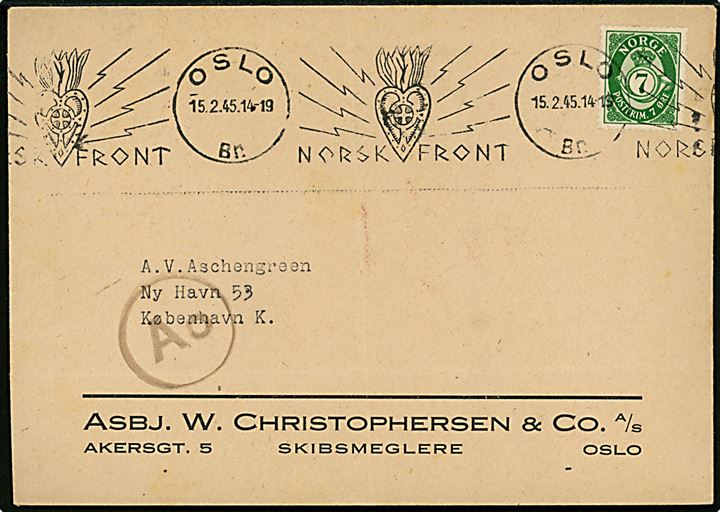 7 øre Posthorn på tryksag annulleret med TMS Norsk Front / Oslo d. 15.2.1945 til København, Danmark. Passér stemplet Ao ved den tyske censur i Oslo. Fold.