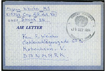 Ufrankeret UNEF Air Letter stemplet United nations Emergency Force d. 14.9.1964 til København, Danmark. Sendt fra dansk FN-soldat i Danor Bn i Gaza.