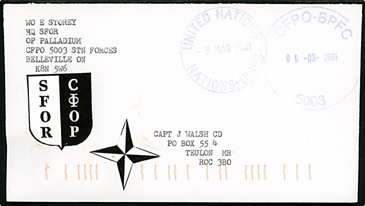 Ufrankeret fortrykt kuvert fra Hq SFOR, OP Palladium, CFPO 5003 med stempel United Nations d. 9.3.2001 og canadisk feltpost stempel CFPO-BPFC 5003 d. 9.3.2001 til Canada. Operation Palladium var navnet på den canadiske deltagelse i IFOR og senere SFOR (Stabilisation Force) i Bosnien-Herzegovina 1995-2004. 