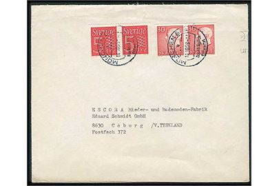 5 öre Ciffer (par) og 30 öre Gustaf (par) på brev fra Stockholm til Coburg, Tyskland. Annulleret med tysk stempel München BPA / Nachträglich entwartet.
