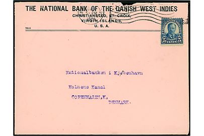 Amerikansk 5 cents Roosevelt på fortrykt kuvert fra The national Bank of the Danish West Indies stemplet Christiansted V.I. d. 4.2.1929 til København, Danmark. Urent åbnet i toppen.