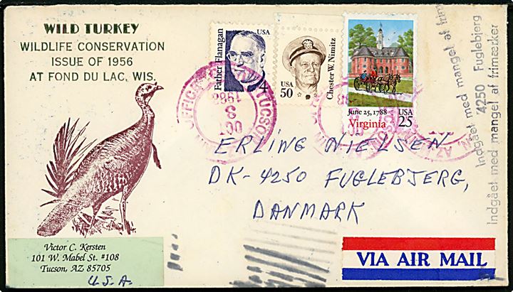 Amerikansk blandingsfrankeret luftpostbrev fra Tucson d. 3.10.1988 til Fuglebjerg, Danmark. Liniestempel Indgået med mangel af frimærker og 4250 Fuglebjerg.