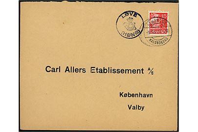 15 øre Karavel på brev annulleret med bureaustempel Slagelse - Kalundborg T.296 d. 5.1.1937 og sidestemplet med posthornstempel LØVE (HØNG) til København Valby.