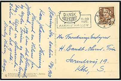 20 øre Fr. IX på brevkort annulleret med TMS Dansk Kogekunst 10-20 Aug. Aarhus Hallen / Aarhus d. 14.8.1950 til København.