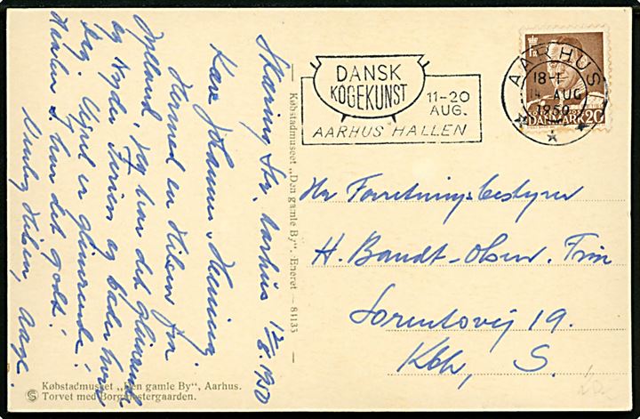 20 øre Fr. IX på brevkort annulleret med TMS Dansk Kogekunst 10-20 Aug. Aarhus Hallen / Aarhus d. 14.8.1950 til København.