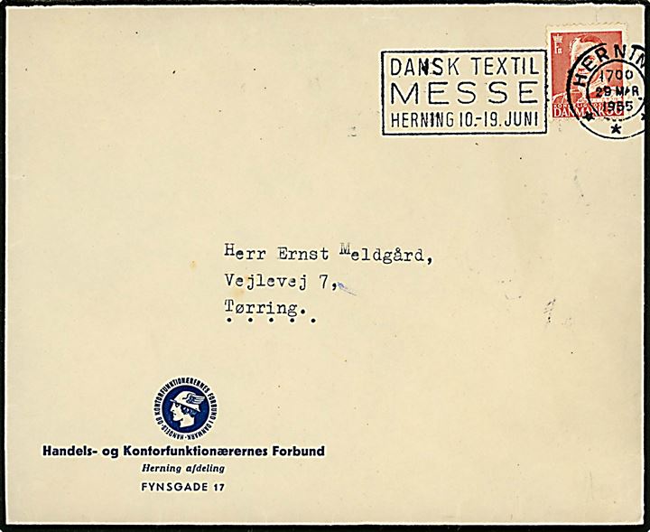 30 øre Fr. IX på brev annulleret med TMS Dansk Textil Messe Herning 10.-19. Juni / Herning d. 29.3.1955 til Tørring.
