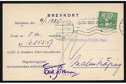 10 öre Løve med perfin SK på brevkort fra Skandinaviska Kreditaktiebolaget i Stockholm d. 9.1.1925 til Malmköping.