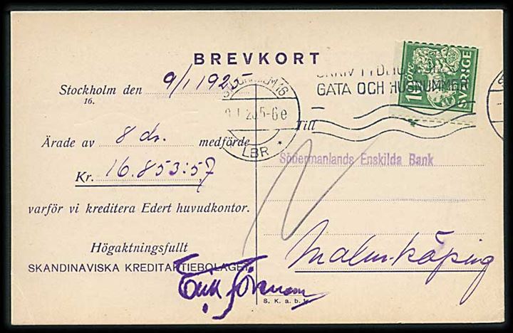 10 öre Løve med perfin SK på brevkort fra Skandinaviska Kreditaktiebolaget i Stockholm d. 9.1.1925 til Malmköping.