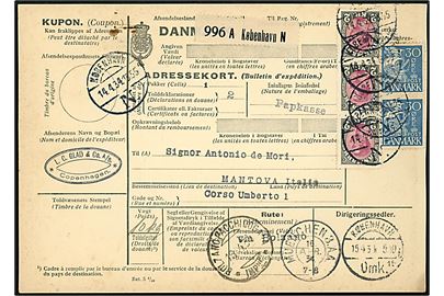 30 øre Karavel (2) og 2 kr. Chr. X (3) på 660 øre frankeret internationalt adressekort for pakke fra København N. d. 14.4.1934 via Berlin, München, Innsbruck og Bolzano til Mantova, Italien.