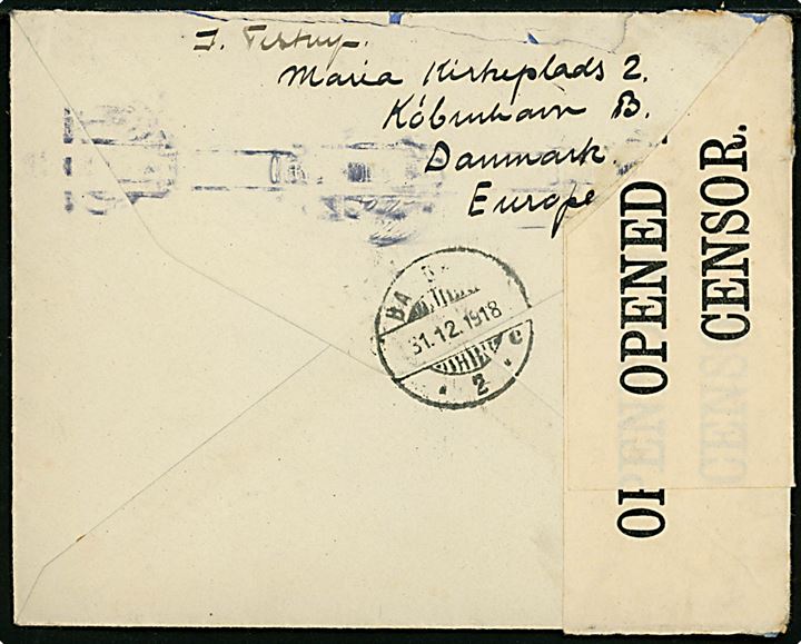 5 øre Chr. X (4) på brev fra Kjøbenhavn d. 23.10.1918 til Bangkok, Siam. Åbnet af britisk censur no. 1374 og ank.stemplet i Bangkok d. 31.12.1918.