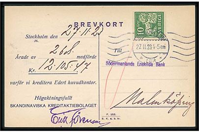 10 öre Løve med perfin SK på brevkort fra Skandinaviska Kreditaktiebolaget i Stockholm d. 27.11.1923 til Malmköping.