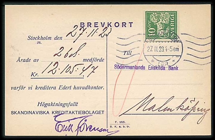 10 öre Løve med perfin SK på brevkort fra Skandinaviska Kreditaktiebolaget i Stockholm d. 27.11.1923 til Malmköping.